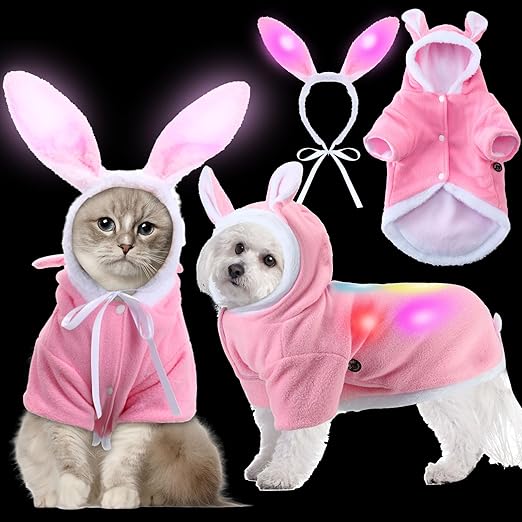 Photo 1 of 2 Pcs LED Easter Bunny Dog Costume Pink Fleece Puppy Hoodies Dog with LED Light Clothes Pet Suit and LED Bunny Ear Headband for Easter Warm Winter Dogs Cats Novelty Accessory(X-Large)
