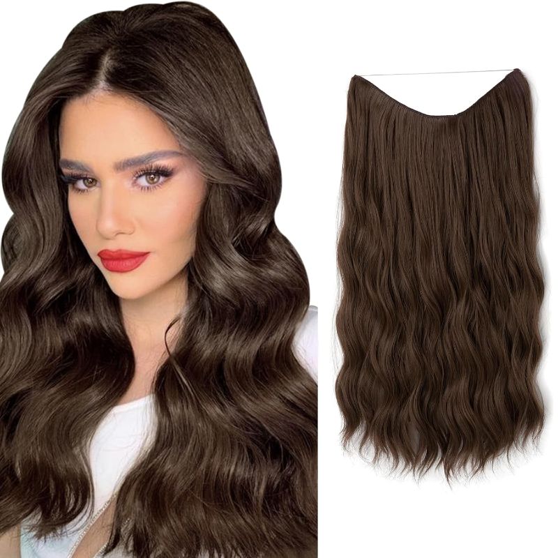 SARLA Invisible Wire Hair Extension with 3 Clips Synthetic Long Beach Wave Hairpiece Transparent