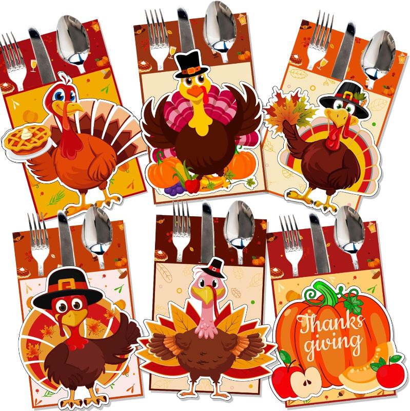 Photo 1 of 36 PCS Thanksgiving Thick Cutlery Holder - 6 StylesTurkey Thanksgiving Utensil Holder Set - Fall Cutlery Wraps Bag for Thanksgiving Party Autumn Family Harvest Party Table Supplies