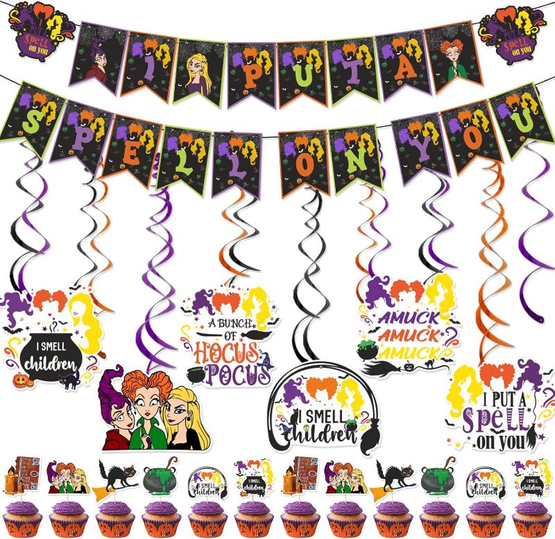 Photo 1 of I Put A Spell on You Banner and Hocus Pocus Cupcake Toppers Hocus Pocus Hanging Swirl Hocus Pocus Trunk or Treat Car Decorations Hocus Pocus Banner Hocus Pocus Party Decorations Hocus Pocus Party