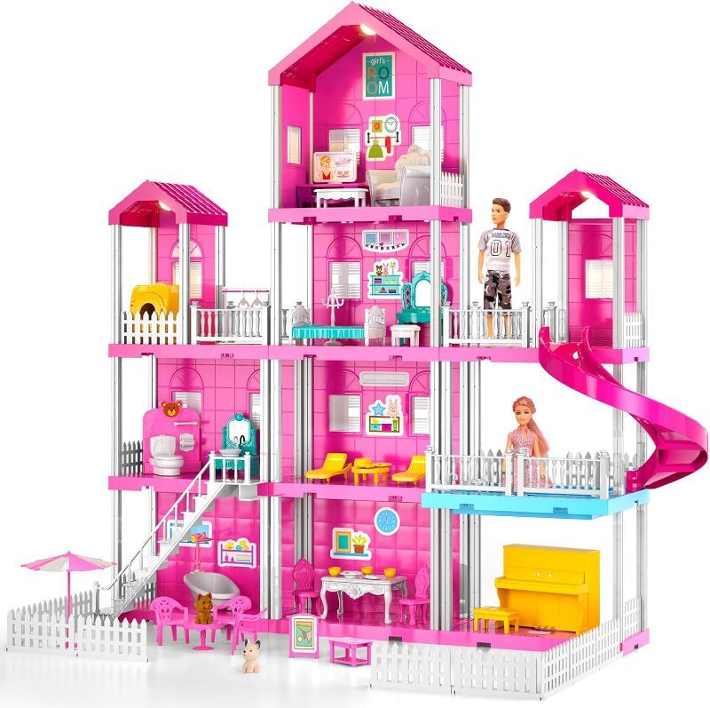 Photo 1 of TEMI DollHouse with 2 Doll Toy Figures, 4-Story 10 Rooms Dollhouse with Accessories and Furniture, Toddler Dollhouse Kit Gift for Kids Ages 3 Toys for 3 4 5 6 Year Old Girls