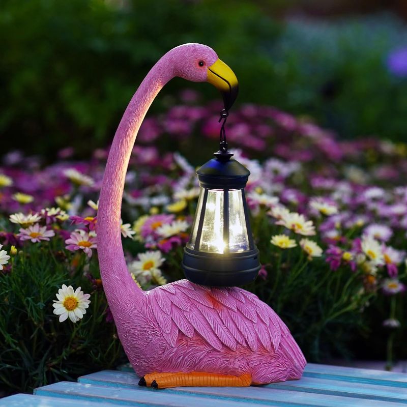 Photo 1 of Garden Flamingo Statue with Solar Lantern - Outdoor Statue Yard Art for Patio Lawn Balcony, Unique Flamingo Gifts for Mom Women Grandma
