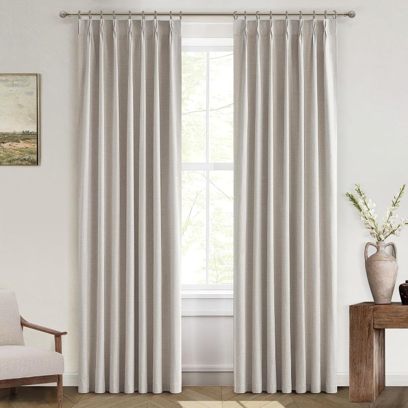 Photo 1 of 100% Blackout Thermal Curtains 84 Length 2 Panels Set for Bedroom,Flax Linen Windows Pinch Pleated Drapes with Hooks for Track 7ft Modern Rustic Living Room Darkening Curtains 84 Inches Long Off White
