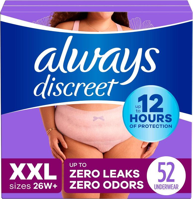 Photo 1 of Always Discreet Adult Incontinence Underwear for Women and Postpartum Underwear, XXL, Up to 100%* Bladder Leak Protection, 52 CT,
