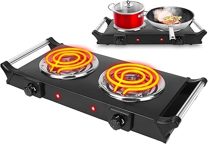 Photo 1 of Hot Plate, 2000W Portable Electric Stove for Cooking with Stay Cool Handles & 5 Levels Adjustable Temperature, Countertop Double Coil Burner for Home RV Camp Compatible for All Cookwares Black

