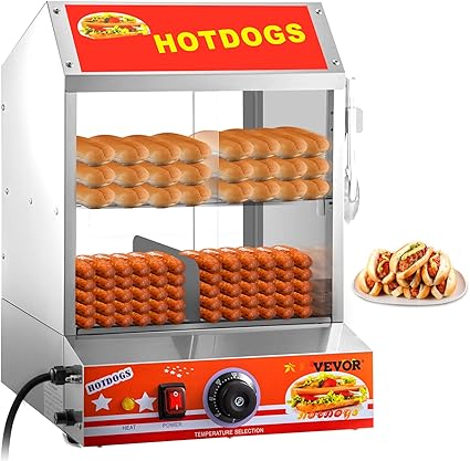 Photo 1 of VEVOR Hot Dog Steamer, 27L/28.54Qt, 2-Tier Hut Steamer for 175 Hot Dogs & 40 Buns, Electric Bun Warmer Cooker with Tempered Glass Slide Doors Partition Plate Food Clip PTFE Tape, Stainless Steel
