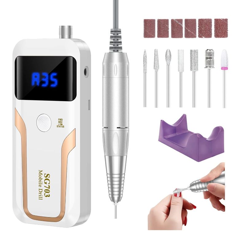 Photo 1 of Portable Nail Drill Professional 35000 RPM, Rechargeable Electric Nail File Machine E File for Acrylic Nails Gel Polishing Removing, Cordless Efile with Bits Kit for Manicure Salon Home, White
