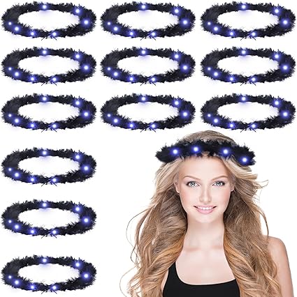 Photo 1 of 12 Pcs Christmas Light up Angel Feather Headband for Girls Women Adult Teen 7.5 Inches Angel Hair Band Headpiece for Christmas Party Accessories, Black