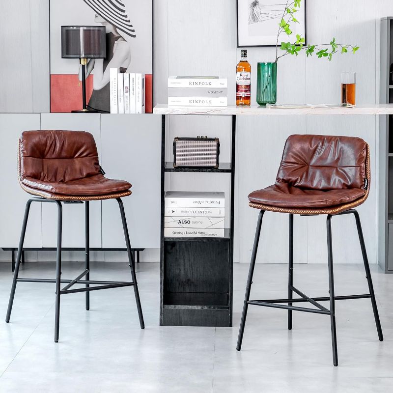 Photo 1 of 30 inch PU Faux Leather Counter Stools Set of 2 Mid Century Modern Bar Stools Upholstered Counter Height Stool Chairs Kitchen Island Chairs with Back Armless for Dining Room Coffee House Rustic Pub
