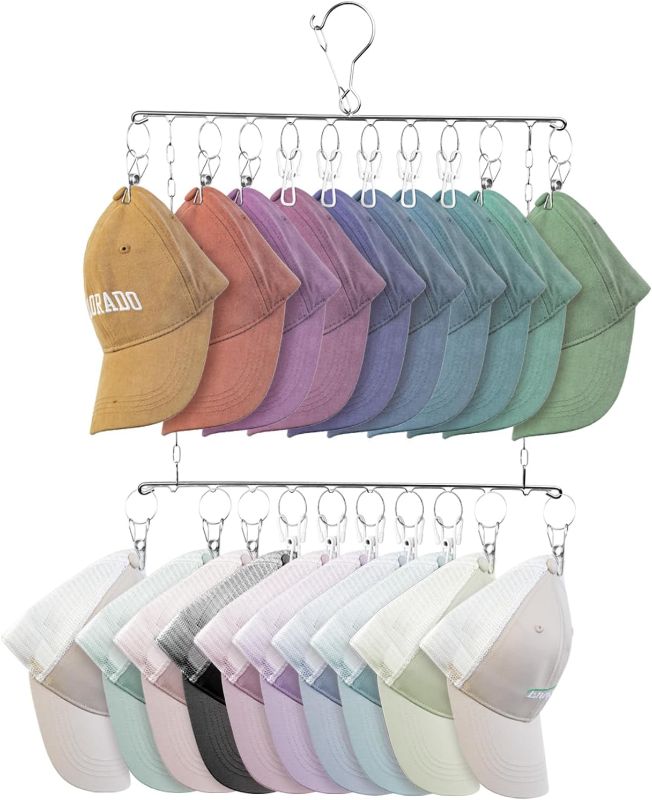 Photo 1 of 2-Tier Hat Organizer for Baseball Caps (2 Pack) - 20 Clips, Saves 80% Space, Neat & Visible, Stainless Steel, Hat Hangers, Hat Rack Fits All Caps
