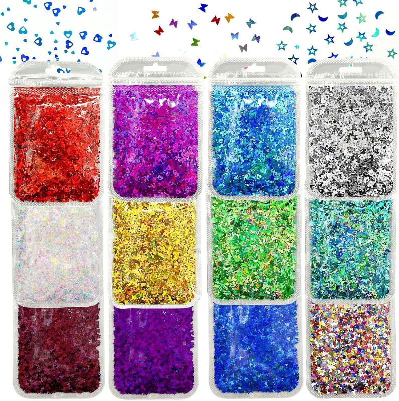 Photo 1 of 12 Bags of Chunky Glitters,120g/4.23oz Craft Glitter Set,Star Moon,Butterfly and Heart Shaped Glitter Flakes for Tumblers, Body, Face, Nail Art, Resin Craft
