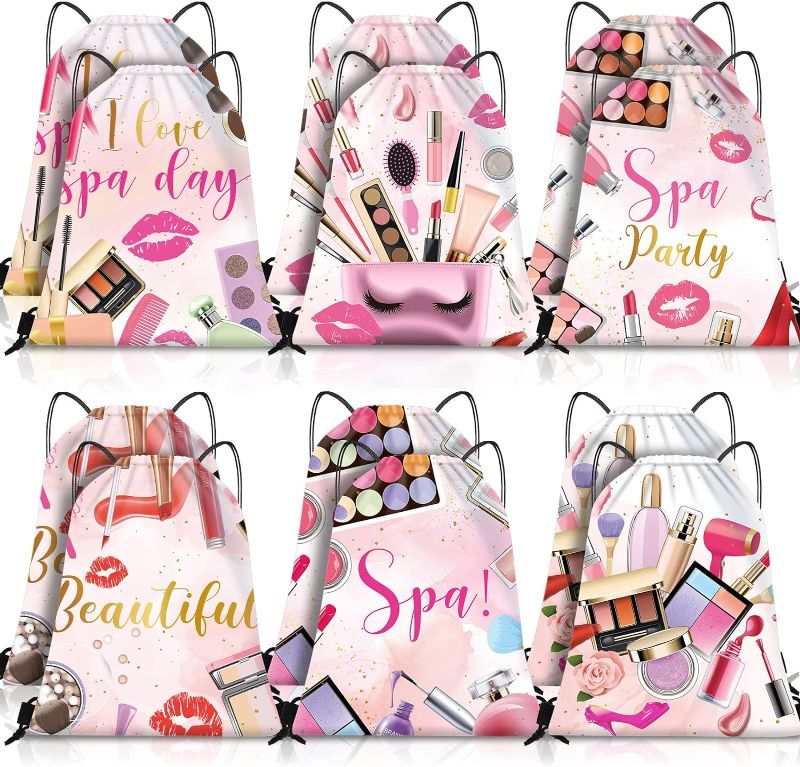 Photo 1 of 12 Pcs Spa Party Favor Bags Drawstring Backpack Spa Party Gift Bags Spa Party Supplies for Girls Women Makeup Birthday Party Decorations Salon Baby Shower Spa Party Decorations, 12 x 10 Inch
