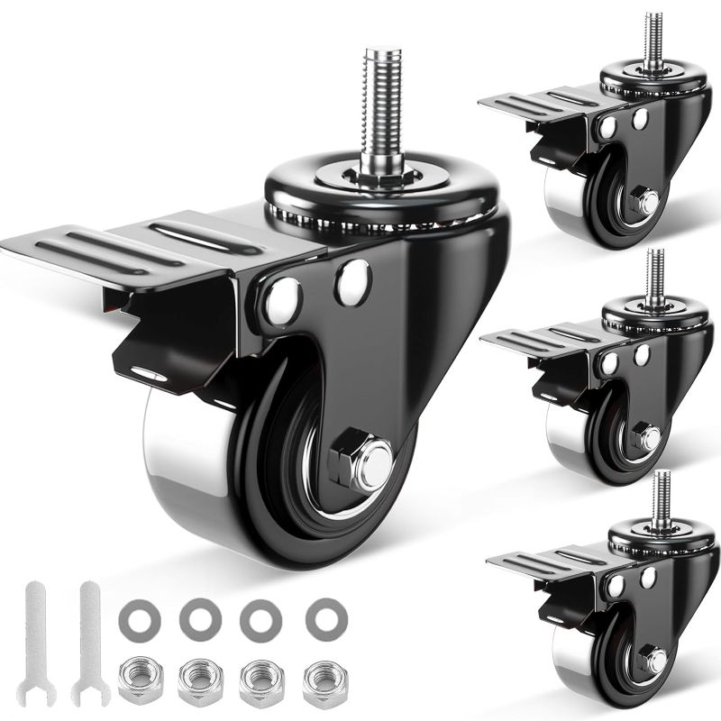 Photo 1 of 2 Inch Stem Caster Wheels 800lbs, Threaded Stem Casters Set of 4 Heavy Duty, 1/4"-20x1" (Screw Diameter 1/4", Stem Length 1"), Safety Dual Locking Industrial Castors, Wheels for Cart, Furniture