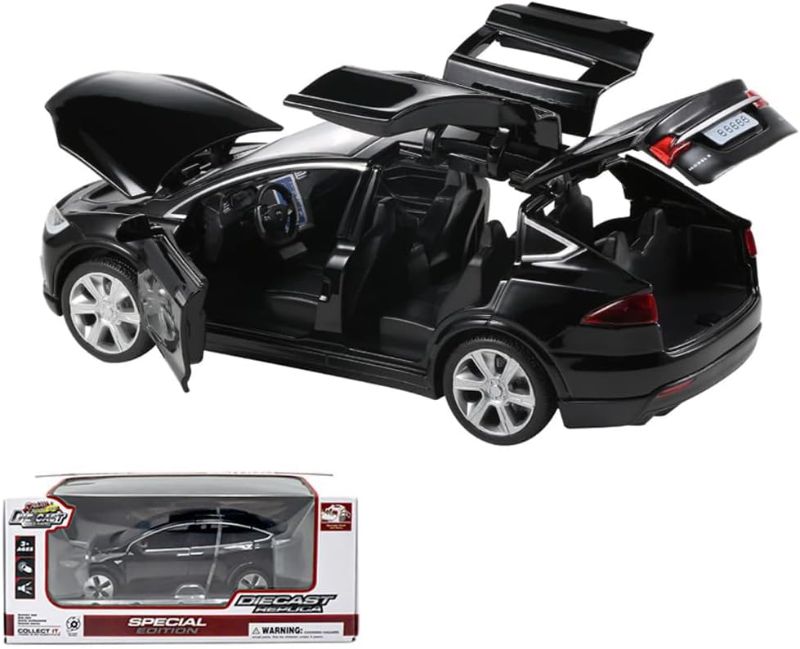 Photo 1 of 1:32 Model X Alloy Diecast Pull Back Toy Car with Open Doors, Lights and Music, Mini Vehicles Toys for Kids & Collectors (Black)
