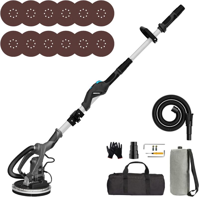 Photo 1 of Drywall Sander with Vacuum Attachment, IMQUALI 8.5A Electric Sander Tool with Variable Speed 600-2600RPM, Popcorn Ceiling Removal Machine with Extendable Handle, LED Light, 12pcs Sanding Discs, IMQ919

