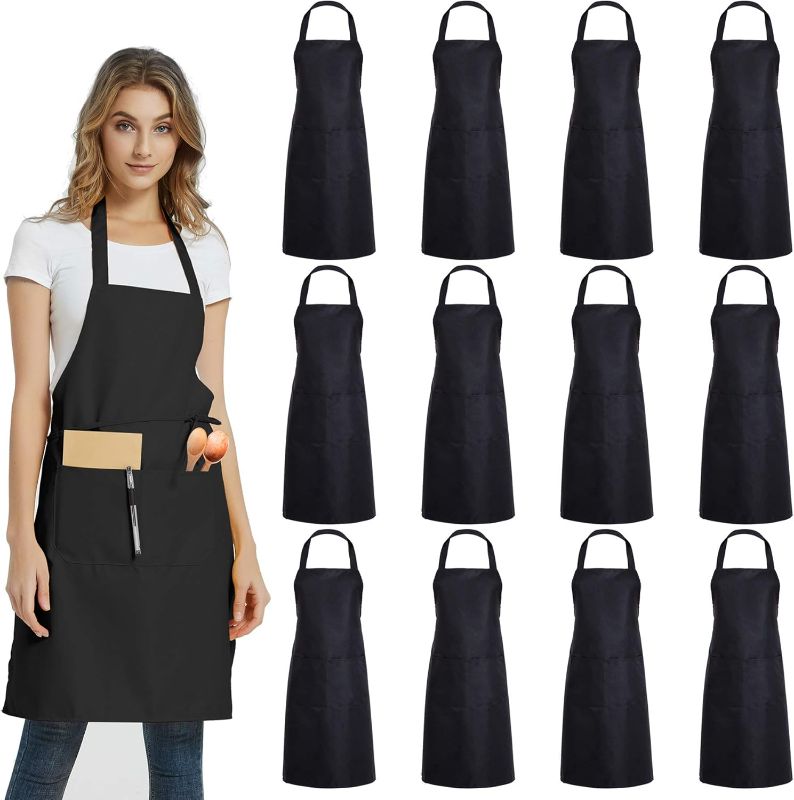 Photo 1 of 12 Pack Plain Bib Aprons with 2 Pockets - Black Unisex Commercial Apron Bulk for Kitchen Cooking Restaurant BBQ Painting Crafting
