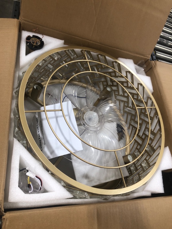 Photo 1 of Gold Crystal Caged Ceiling Fans with Light, 18" Bladeless Ceiling Fan with Remote Control, 6 Speed Enclosed Ceiling Fan with Reversible Motor for Bedroom Kitchen Living Room