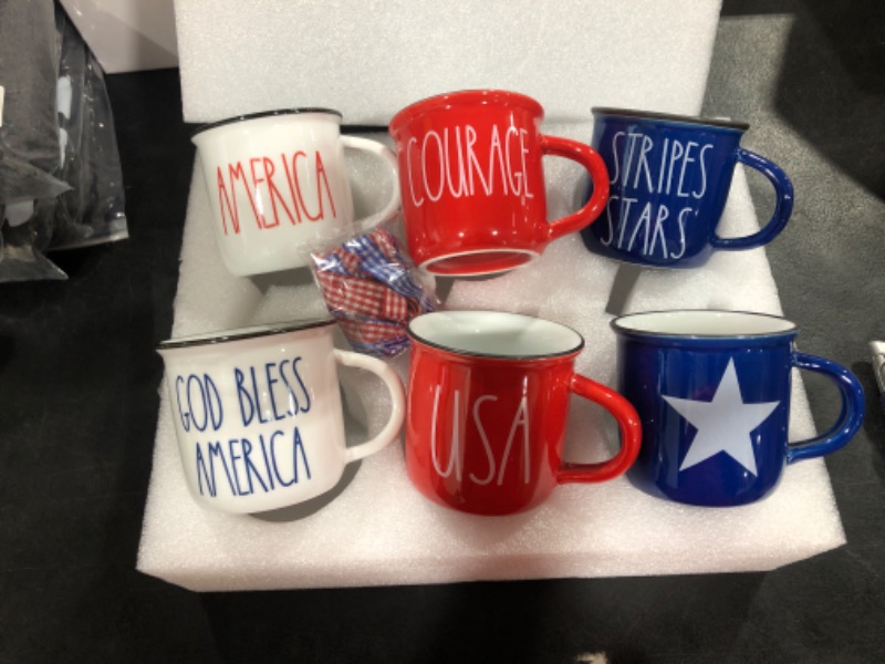 Photo 2 of 6 Pcs 4th of July Mini Coffee Mugs Patriotic Independence Day Tiered Tray Decor Farmhouse Mini Coffee Cups with Ribbons Centerpieces for Housewarming Gifts (Retro Star)(Bright Star)