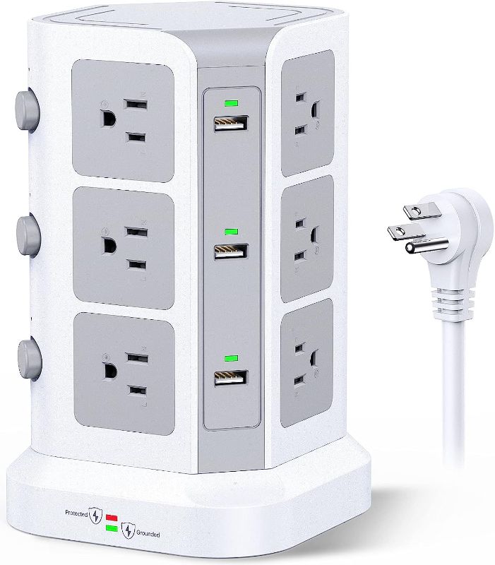 Photo 1 of Power Strip Tower by KOOSLA, [15A 1500J] Surge Protector - 12 AC Multiple Outlets & 6 USB Ports, Flat Plug 14 AWG Heavy-Duty Extension Cord 6.5ft, Home Office Supplies, Dorm Room Essentials White
