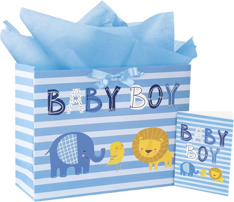 Photo 1 of Loveinside Baby Boy Gift Bag with Tissue Paper and Greeting Card for Baby Shower, New Parents, and More - 16.5" x 12.6" x 5.7", 1 Pcs
