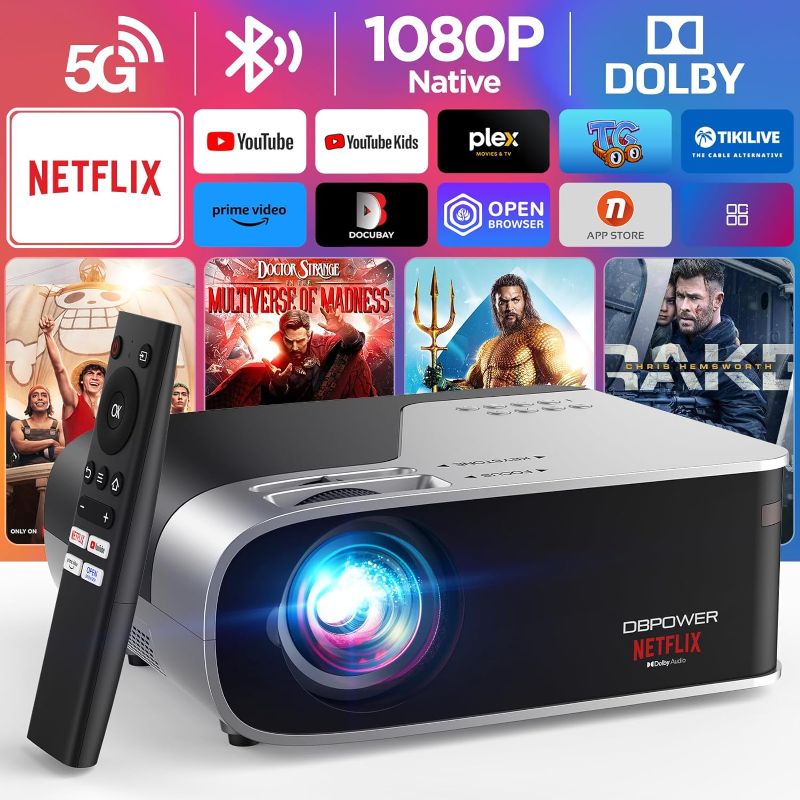 Photo 1 of [Netflix Officially-Licensed] Smart Projector with 5G WiFi and Bluetooth, DBPOWER Native 1080p Projector Built-in Netflix, Youtube, Prime Video, Hulu, Disney+ Apps, 500ANSI Movie Projector with Dolby (MISSING CONTROL)
(USED, UNABLE TO TEST FULLY)