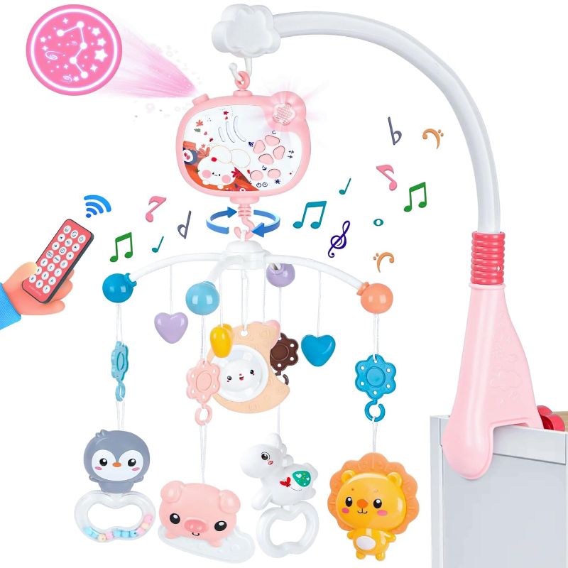 Photo 1 of Baby Mobile for Crib with Music and Lights, Remote, Projection, Baby Musical Crib Mobile w/Timing, Lullabies, Rattles, Teether, Comfort Toys for Newborn 0-24 Months Boy Girl Toddler Sleep, Pink
