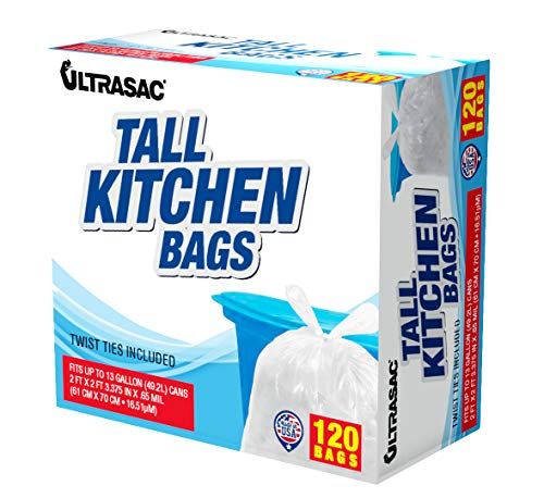 Photo 1 of Ultrasac 13 Gallon 0.6 MIL Tall Kitchen Bags with Twist Ties - 24" X 27" - Pack of 120 - for Home, Kitchen, Office, White
