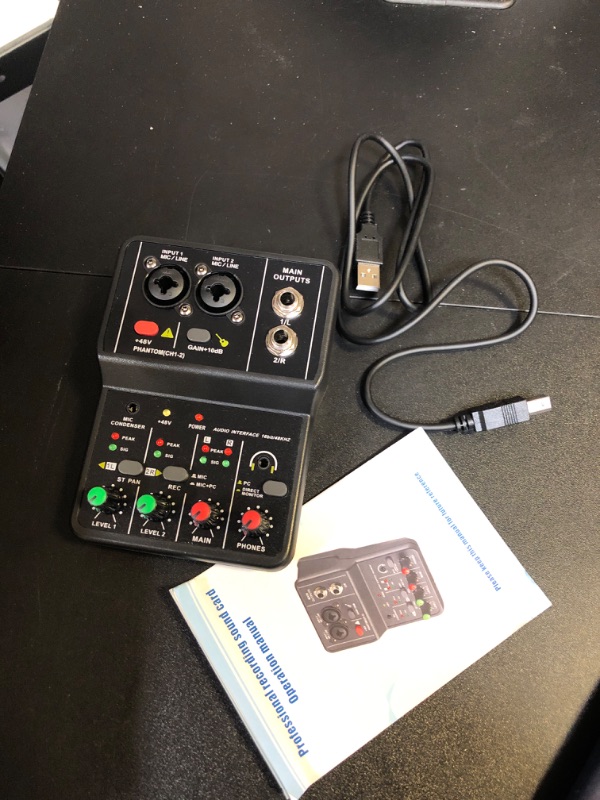 Photo 3 of Mini 2 channel audio DJ mixer console interface with 48V phantom power Combo Jack Microphone/Guitar XLR+6.35mm, 3.5mm Stereo in, Headphone Jack for studio live show,party recording