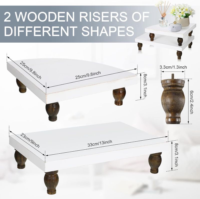 Photo 1 of 2 Pieces Wood Riser Decorative Wooden Tray Corner Counter Shelf Wood Stackable Pedestal Stand Display Riser for Bathroom Kitchen Living Room Home Accessories
