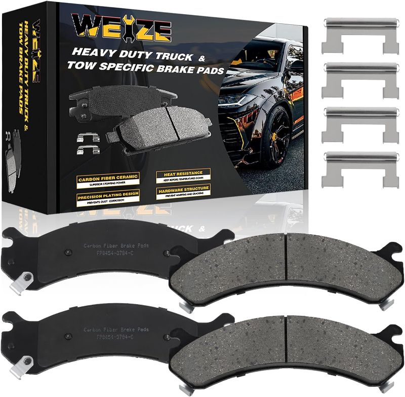 Photo 1 of WEIZE Front Carbon Fiber Ceramic Brake Pads, D784 Truck and Tow Brake Pads Set with Hardware, Fit for Chevy GMC Silverado 2500/3500 Sierra Yukon XL Suburban Express, Cadillac Deville DTS, Hummer H2 (FACTORY SEALED)
