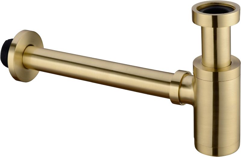 Photo 1 of Brass Round Bottle P Trap, Basin Sink Waste Trap Drain Tube Kit Adjustable Height, Brushed Gold Finished
