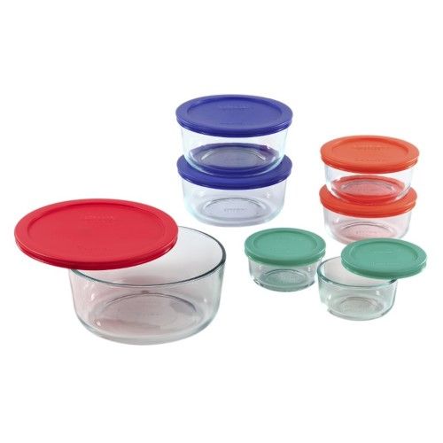 Photo 1 of Pyrex Simply Store 14-Piece Round Glass Storage Set with Assorted Colored Lids, Clear
(MINOR DAMAGE TO CORNER OF PLATE)