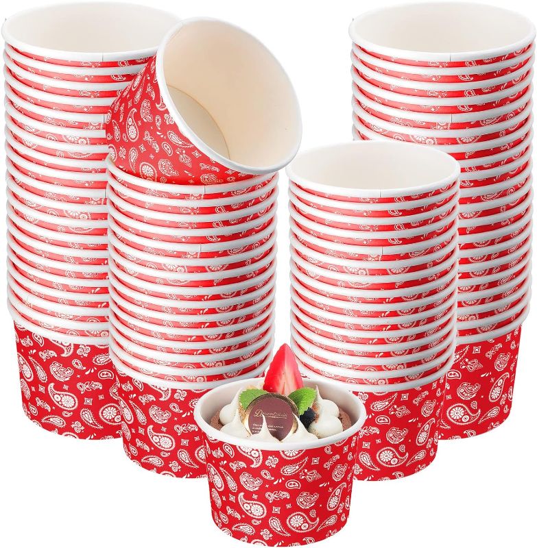 Photo 1 of Nuanchu 100 Pack Red Bandana Paper Ice Cream Cups 9 oz Western Cowboy Disposable Dessert Bowls West Party Snack Cups Soup Cups for Hot or Cold Food for Cowboy Birthday Party Decoration
