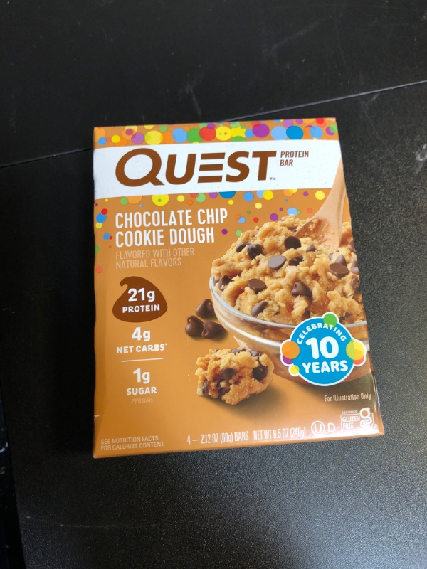 Photo 2 of Quest Nutrition Chocolate Chip Cookie Dough - High Protein, Low Carb, Gluten Free, Keto Friendly, 2.12 Oz , 4 Count 
 EXP 4/11/2024