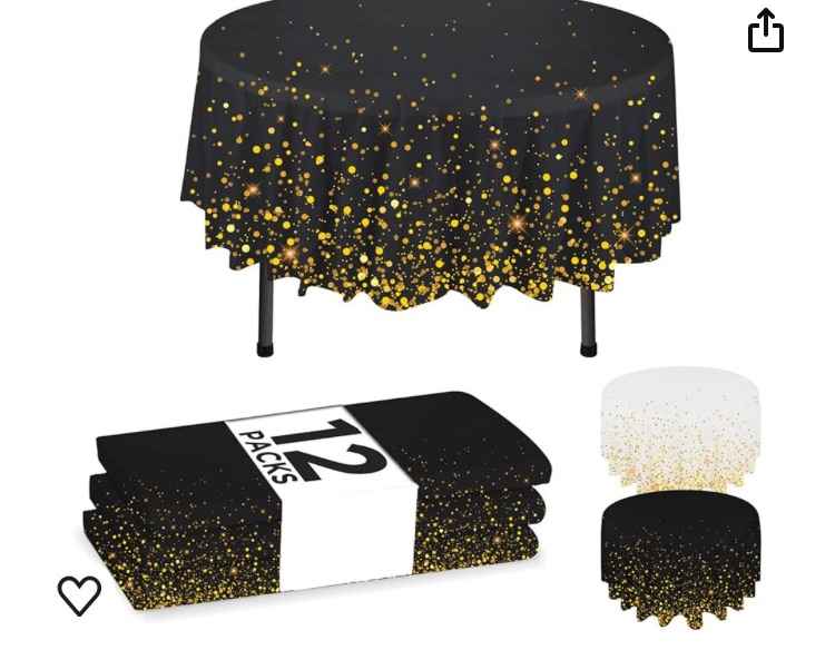 Photo 1 of 12-Pack Black Disposable Plastic Tablecloths, 84" Plastic Table Cloth, Round Table Cover, Round Plastic Tablecloth Disposable BLACK GOLD CONFETY