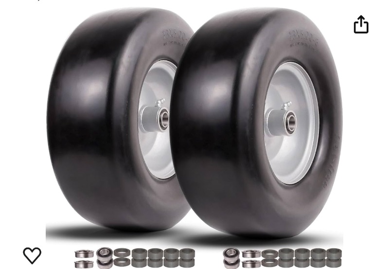 Photo 1 of 13x5.00-6 flat free tire and wheel,Front Zero-Turn Smooth Tire Assembly Replacement for Riding Lawn Mower Garden Tractor,with 3/4" &1/2" & 5/8" Precision bearings,3.25"- 5.9" Center Hub (2 Pack)