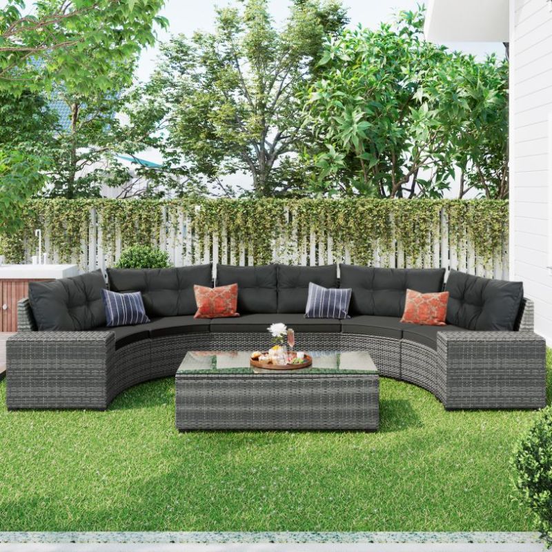 Photo 1 of 8-Piece Outdoor Wicker Round Sofa Set, Gray -- box 2 of 4
