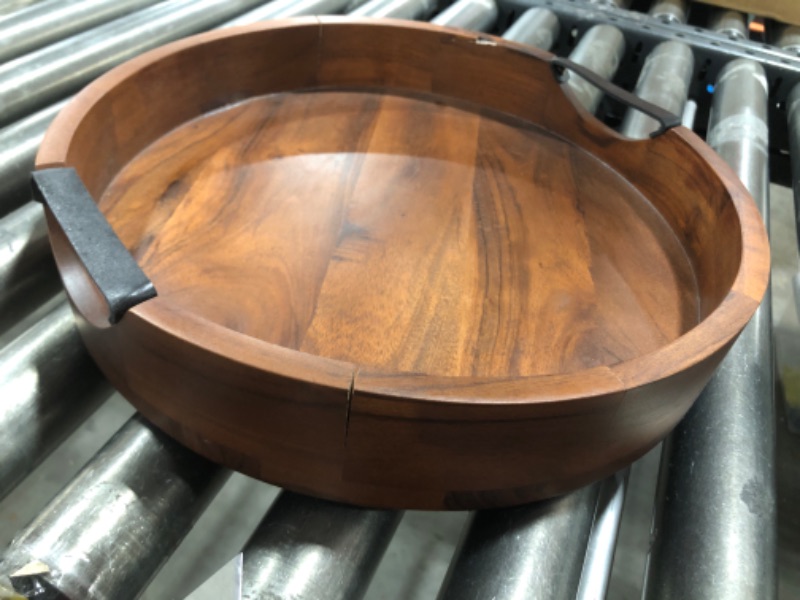 Photo 2 of Acacia Wood Serving Tray, 13 x 2.4 inches, 2.2 lbs, Walnut, Round, Food-Safe, Leather Handles, Home Decor, Dining Table Decor, Coffee Table Tray