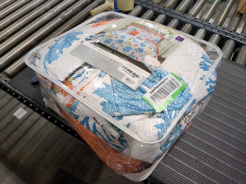 Photo 1 of Coastal Reef Feather Reversible Quilt Set Blue/Coral - Lush Décor