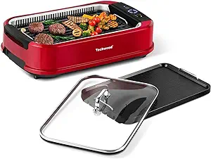 Photo 1 of Indoor Smokeless Grill, Techwood 1500W Electric Indoor Grill with Tempered Glass Lid, Portable Non-stick BBQ Korean Grill, Turbo Smoke Extractor Technology, Drip Tray& Double Removable Plate, Red
