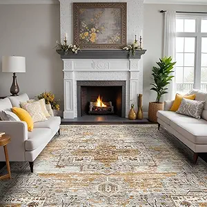 Photo 1 of Washable 9x12 area rugs - Large Rugs for Living Room Stain Resistant Carpet Vintage Rugs for Bedroom with Non Slip Backing Home Decor Floor Decoration Mat (9x12 Yellow)