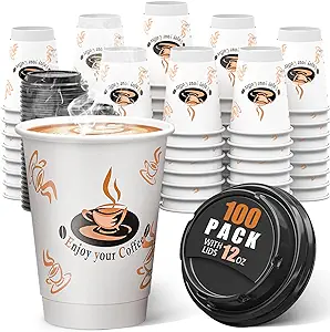 Photo 1 of 100 Pack 12 oz Double Wall Disposable Paper Coffee Cups with Lids, Insulated To Go Coffee Cup, Hot Drinking Cups for Daily use
