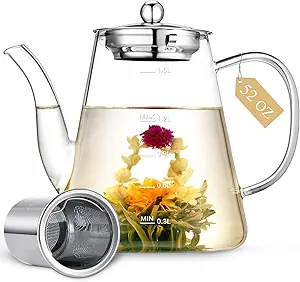 Photo 1 of 1500ml Glass Teapot, Large Tea Pot with Infuser for Loose Tea and Blooming Tea, Stovetop Safe Tea Kettle, Hand Crafted Borosilicate Glass Tea Maker with Scale Line, Tea Gift Set for Tea Lovers