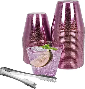 Photo 1 of 100 Purple Gold Glitter Plastic Cups and 1 Silver Ice Tong Set - 9 Ounce Diposable Cocktail Glasses - Plastic Wine Cups - Purple Party Decorations - Purple Party Supplies