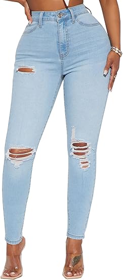 Photo 1 of BessCops Women's Boyfriend Trendy Jeans Ripped High Waisted Straight Leg Loose Fit Distressed Denim Blue, Large