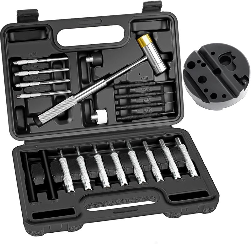 Photo 1 of BESTNULE Punch Set, Pin Punches, Punch Tool, Roll Pin Punch Set, Made of High Quality Metal Material Including Punches and Hammer, Mechanical Repair Tool, with Organizer Storage Box (with Bench Block)
