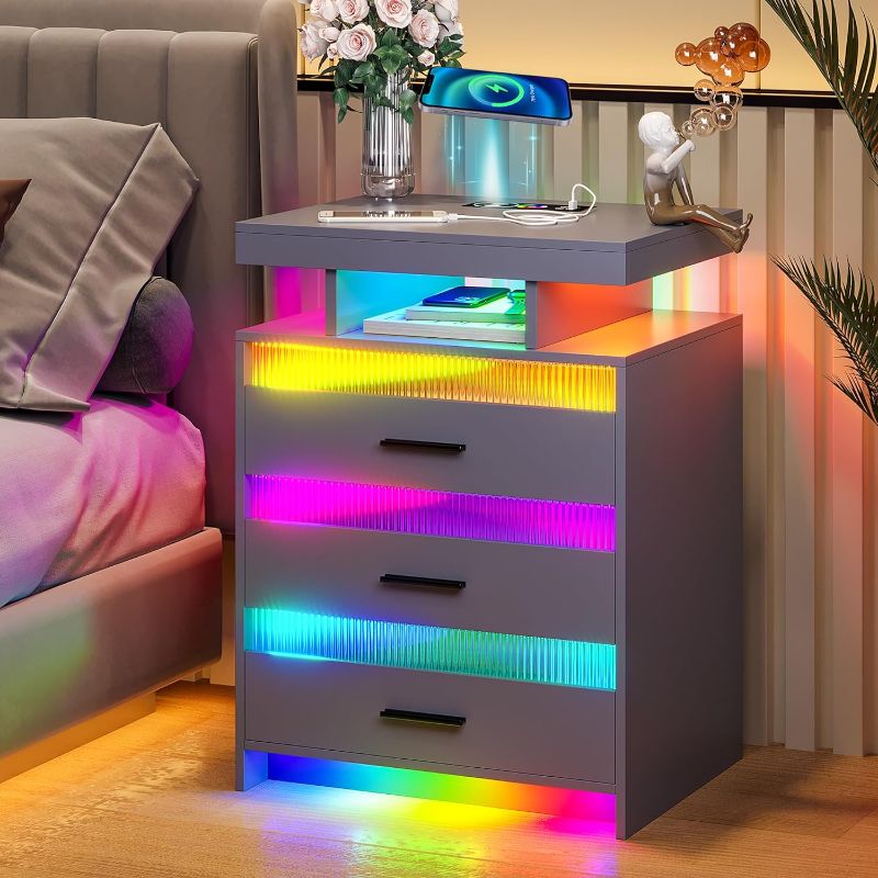 Photo 1 of HNEBC LED Nightstand,Grey Nightstand with Wireless Charging Station+USB+Type-C Ports, Acrylic Bedside Table has Auto Sensor 7 Dynamic Light Color,Modern Night Stand with Drawers for Bedroom
