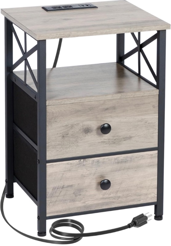 Photo 1 of AMHANCIBLE Night Stand, Nightstand with Charging Station, End Tables Living Room with Fabric Drawer