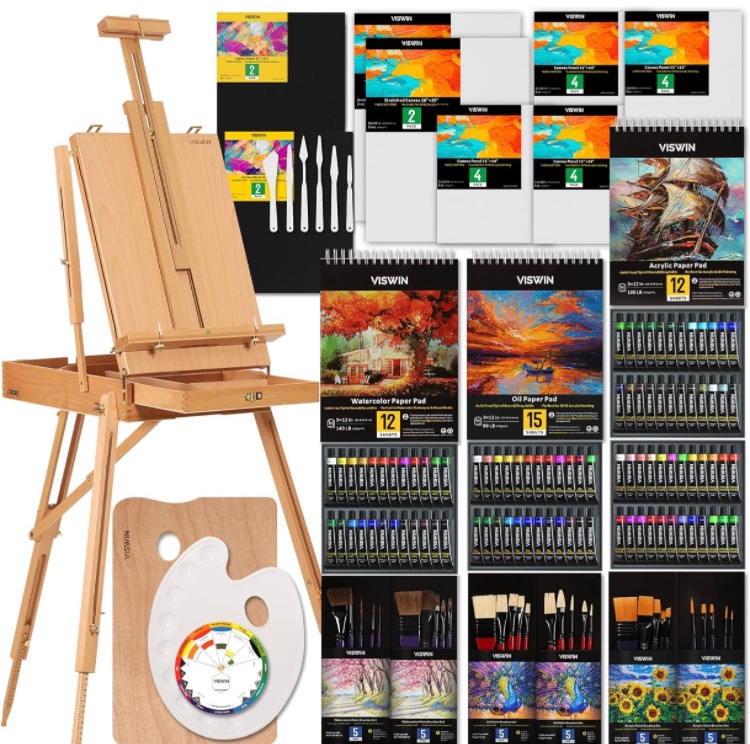 Photo 1 of VISWIN 147-Piece Painting Set - Oil, Acrylics, Watercolors, Canvas, Easel, Brushes, Palette for Artists, Beginners