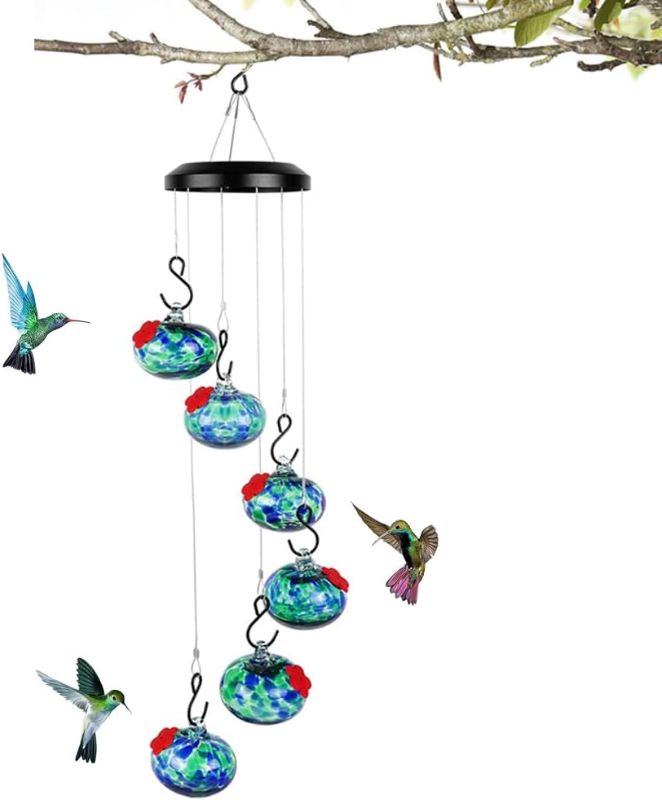 Photo 1 of 6 PCS Glass Charming Wind Chimes Hummingbird Feeders for Outdoors Hanging ant and bee Proof,Never Leak, Bird Feeders for Outdoors Hanging Decor Gifts for Window Garden Patio (Blue)
